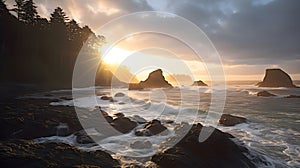 AI generated image of sea waves breaking rocky beach during sunset