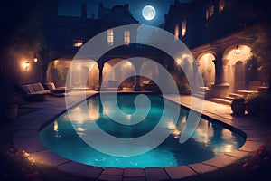 AI-generated image showcases a beautiful pool at night