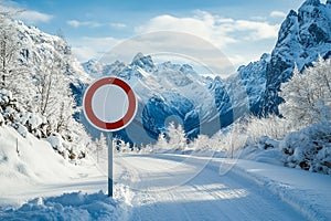 Blank warning sign board at road winter background as a mockup for sign board photo