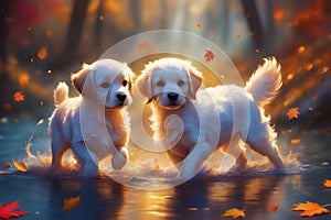 AI-generated image showcases a delightful scene of cute puppies playing in an autumn setting.