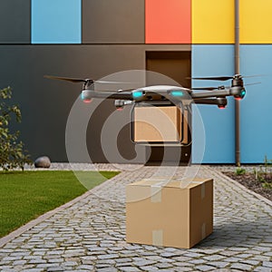 AI-Generated Image: Drone Carrying Package Above Box on Stone Pathway photo