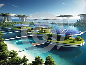 Futuristic Floating Solar-Powered Platforms with Green Spaces - Visionary Eco-Friendly Urban Design on Water photo