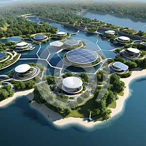Futuristic Floating City with Interconnected Platforms and Sustainable Energy Sources - A Vision of Eco-Friendly Living on Water photo