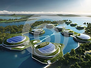 Futuristic Solar-Powered Floating Eco-Community with Green Spaces - Visionary Sustainable Urban Design on Water photo