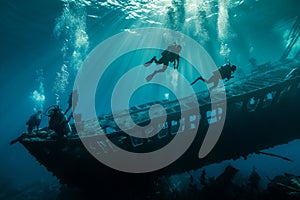 Scuba Divers Exploring an Underwater Shipwreck photo