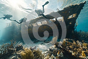 Scuba Divers Exploring an Underwater Shipwreck