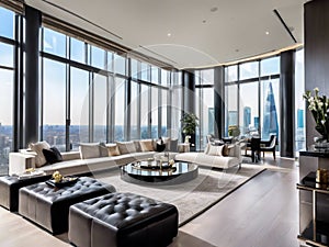 Luxurious Penthouse Living Room with Panoramic Skyline Views and Modern Interior Design photo