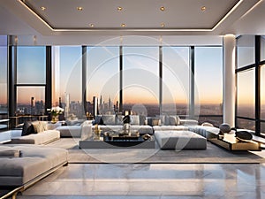 Luxurious Penthouse Living Room with Panoramic Sunset Views and Modern Minimalist Design photo