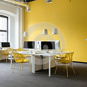 AI-Generated Image of Minimalist Office Space with Yellow Accents photo