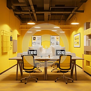 AI-Generated Image of Minimalist Office Space with Yellow Accents photo