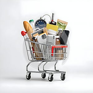 AI-Generated Image of a Shopping Cart Full of Bread, Plastic Bottles, and Containers