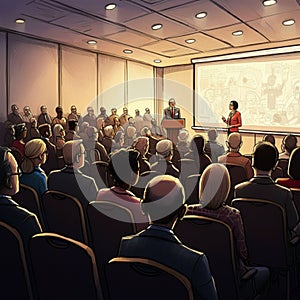 AI-Generated Image of Conference Room with Presentation by Two Speakers photo
