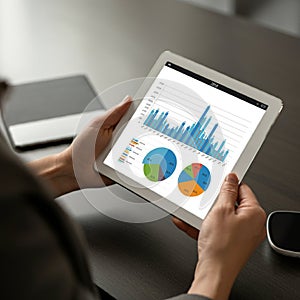 AI-Generated Image of Hands Using Stylus on Tablet with Charts photo