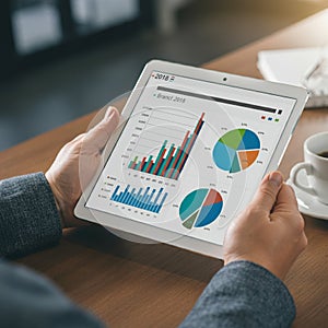 AI-Generated Image of Hands Using Stylus on Tablet with Charts photo