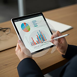 AI-Generated Image of Hands Using Stylus on Tablet with Charts photo