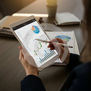 AI-Generated Image of Hands Using Stylus on Tablet with Charts photo