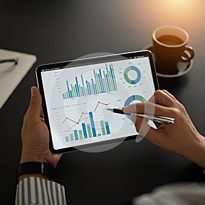 AI-Generated Image of Hands Using Stylus on Tablet with Charts photo