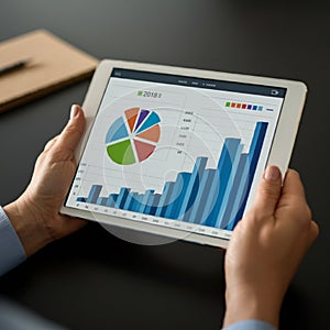 AI-Generated Image of Hands Using Stylus on Tablet with Charts photo