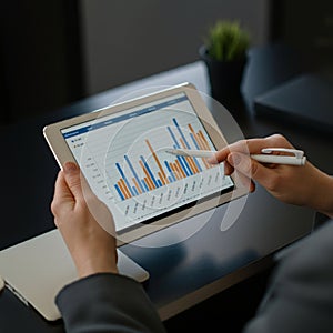 AI-Generated Image of Hands Using Stylus on Tablet with Charts photo