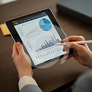 AI-Generated Image of Hands Using Stylus on Tablet with Charts photo