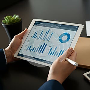 AI-Generated Image of Hands Using Stylus on Tablet with Charts photo