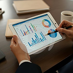 AI-Generated Image of Hands Using Stylus on Tablet with Charts photo
