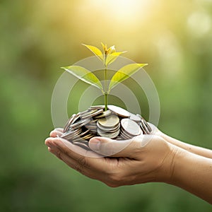 AI-Generated Image of Two Cupped Hands Holding Stack of Coins with Plant Sprouting