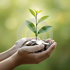 AI-Generated Image of Two Cupped Hands Holding Stack of Coins with Plant Sprouting