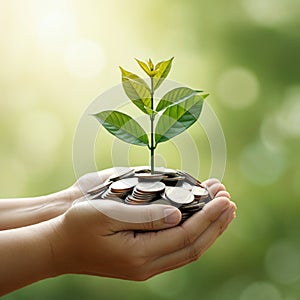 AI-Generated Image of Two Cupped Hands Holding Stack of Coins with Plant Sprouting