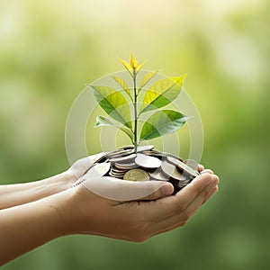 AI-Generated Image of Two Cupped Hands Holding Stack of Coins with Plant Sprouting