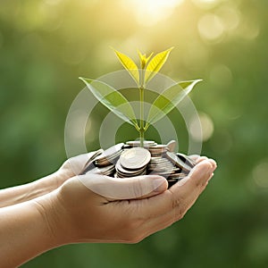 AI-Generated Image of Two Cupped Hands Holding Stack of Coins with Plant Sprouting