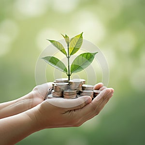 AI-Generated Image of Two Cupped Hands Holding Stack of Coins with Plant Sprouting