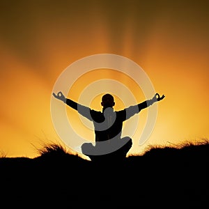 AI Generated Image of Silhouette in Meditative Pose Against Orange Sunset