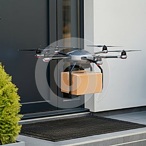 AI-Generated Image: Silver Drone Delivering Package to Doorway photo