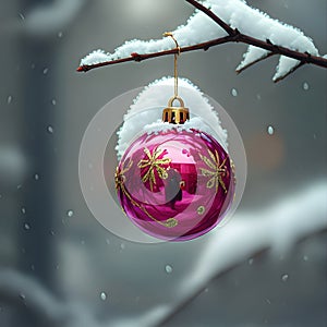AI-Generated Image: Snow-Dusted Pink Christmas Ornament Hanging on a Branch photo