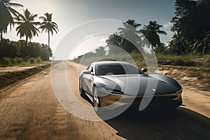 Ai generated image of sport car on road with palms