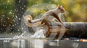 AI generated image of a squirrel throwing a large log into the water