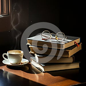 AI-Generated Image: Stack of Books with Glasses and Steaming Coffee Cup photo