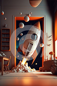 ai generated image of study room with big rocket