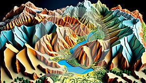 Earth\'s Vibrant Terrain in 3D, Ansel Adams Inspired, Made with Generative AI photo