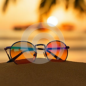 AI-Generated Image: Sunglasses with Sunset Reflection on Sand