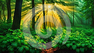 AI generated image of a sunrays cracking through the green leaves and trees in a dense forest