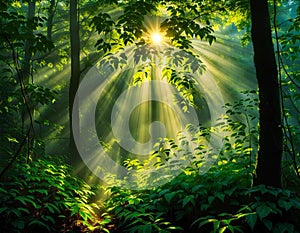 AI generated image of a sunrays passing through the green leaves and trees in a dense forest