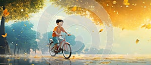 AI generated image of The sunshine cartoon Chinese boy rode a bicycle