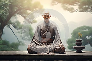 Taoist monk practicing meditation in a serene setting illustration photo photo