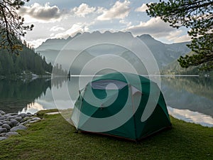 AI Generated Image of Tent Camping Beside Mountain Lake at Sunrise