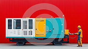 AI generated image of There is a construction worker interacting with the generator in the studio.