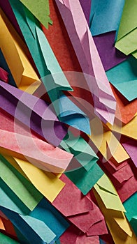 AI generated image of a top-down view of a chaotic yet visually striking stack of colorful papers