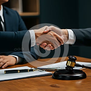 AI-Generated Image: Two Businessmen Shaking Hands in Suits photo