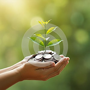 AI-Generated Image of Two Cupped Hands Holding Stack of Coins with Plant Sprouting